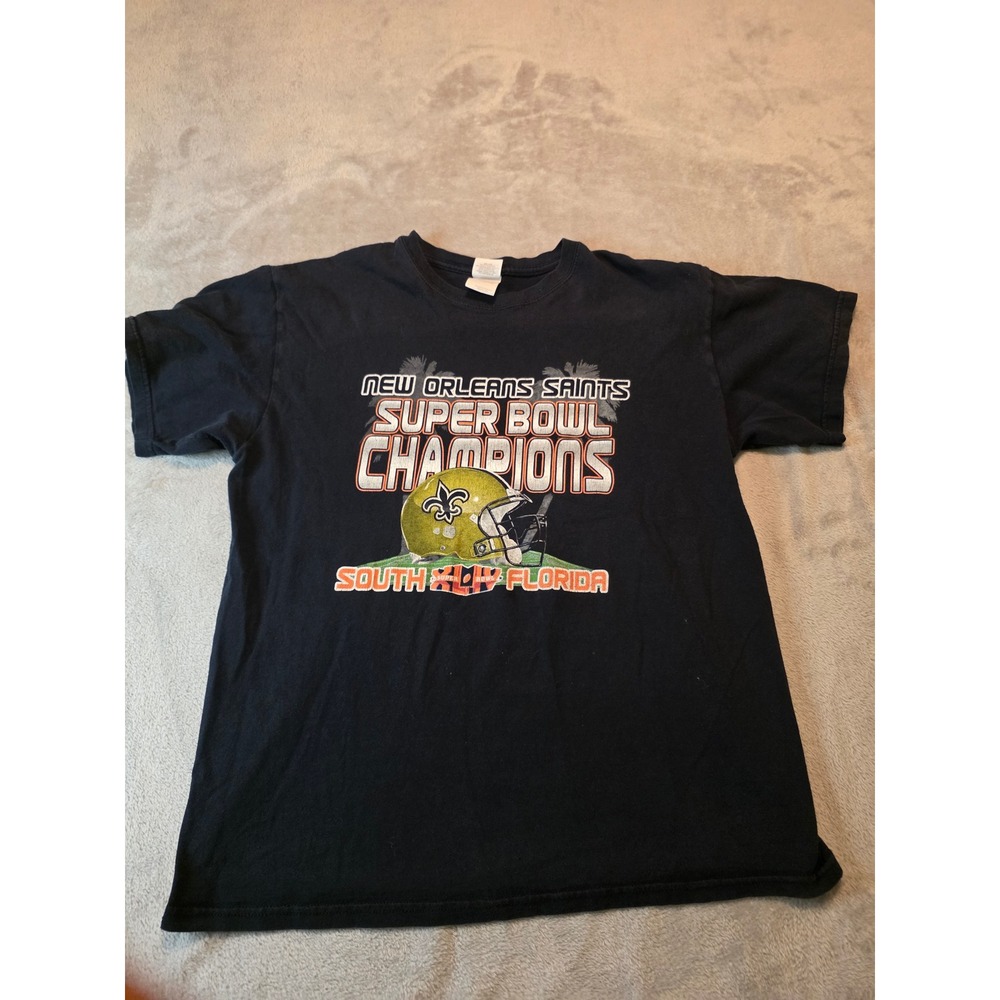 Gildan T-Shirt Mens Large Black New Orleans Saints Super Bowl XLIV Champions